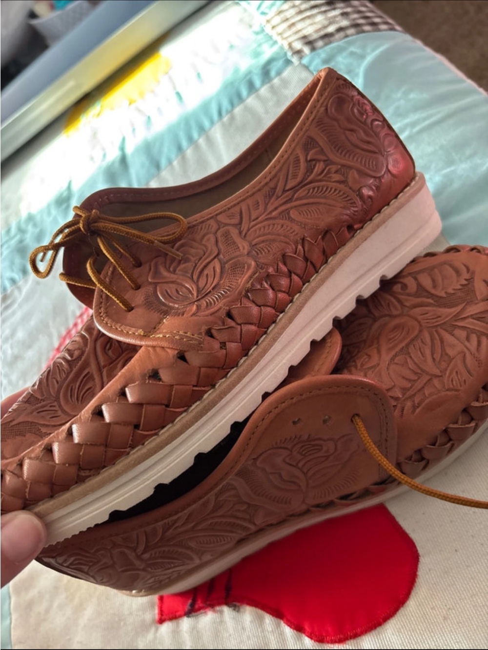 Women's Brown Woven Leather Lace-Up Shoes